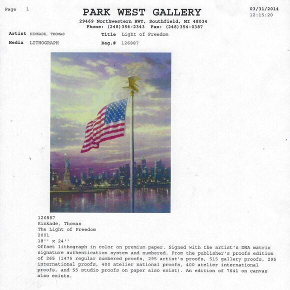 "The Light of Freedom" by Thomas Kinkade Offset Lithograph - Picture 10 of 10